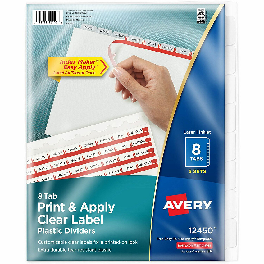 Avery(R) 8 Tab Plastic Dividers for 3 Ring Binder, Easy Print & Apply Clear Label Strip, Index Maker(R) Customizable Frosted White Tabs, 5 Sets (AVE12450)