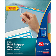 Avery(R) 5 Tab Plastic Dividers for 3 Ring Binder, Easy Print & Apply Clear Label Strip, Index Maker(R) Customizable Multicolor Tabs, 5 Sets (11452) (AVE12452)