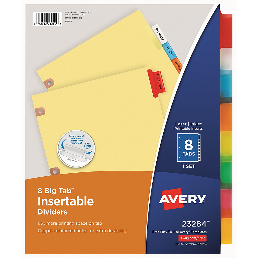 Avery Big Tab Insertable Dividers, Buff Paper, 8 Multicolor Tabs (AVE23284)