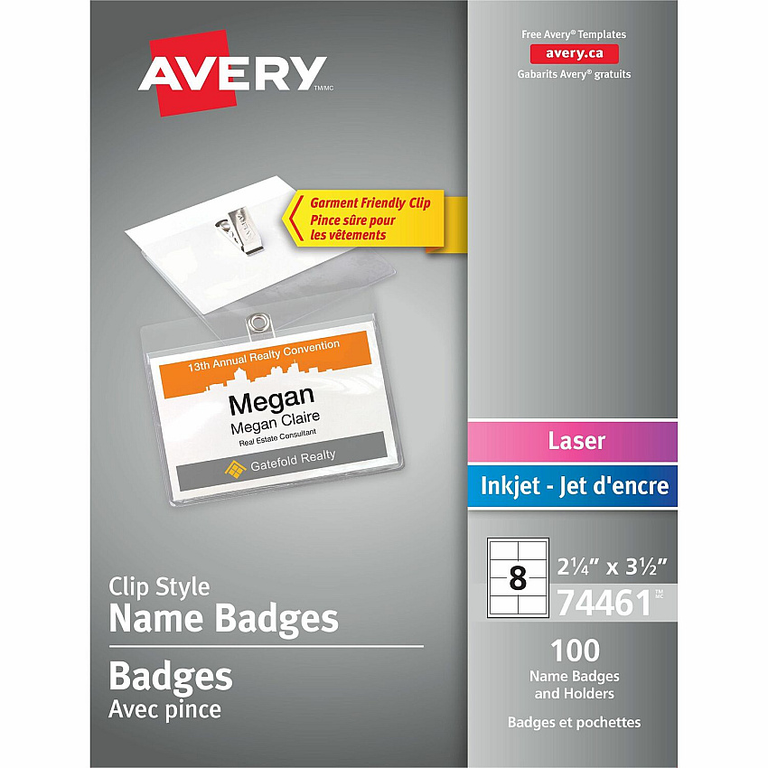 Avery Garment Friendly Clip Style Name Badge Kitfor Laser and Inkjet Printers (AVE74461)