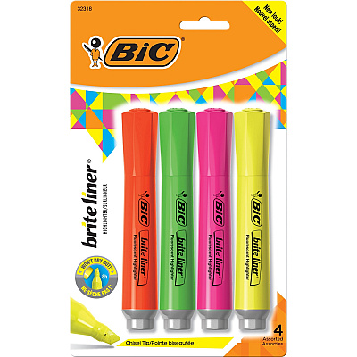 BIC Brite Liner Grip XL Highlighters, Assorted, 4 Pack (BICBLMGP41ASST)