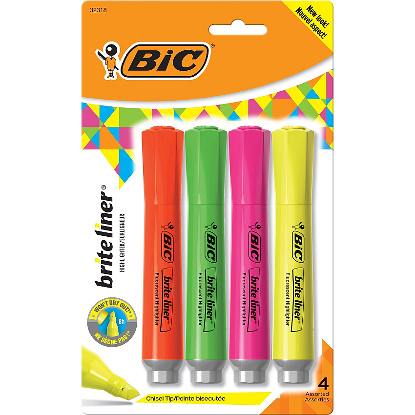 BIC Brite Liner Grip XL Highlighters, Assorted, 4 Pack (BICBLMGP41ASST)