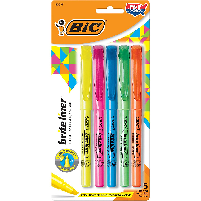 BIC Brite Liner Highlighter, Assorted, 5 Pack (BICBLP51WASST)