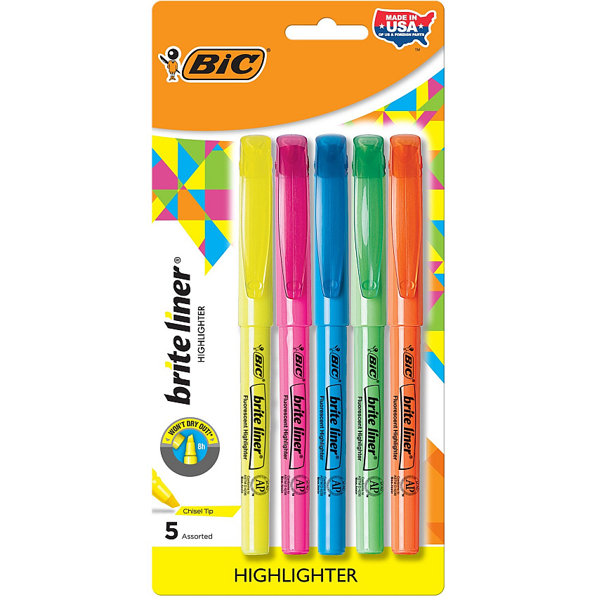 BIC Brite Liner Grip Highlighters, Assorted, 5 Pack (BICGBLP51ASST)