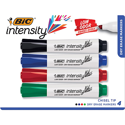 BIC Intensity Low Odor Dry Erase Marker, Tank, Assorted, 4 Pack (BICGDEMP41ASST)
