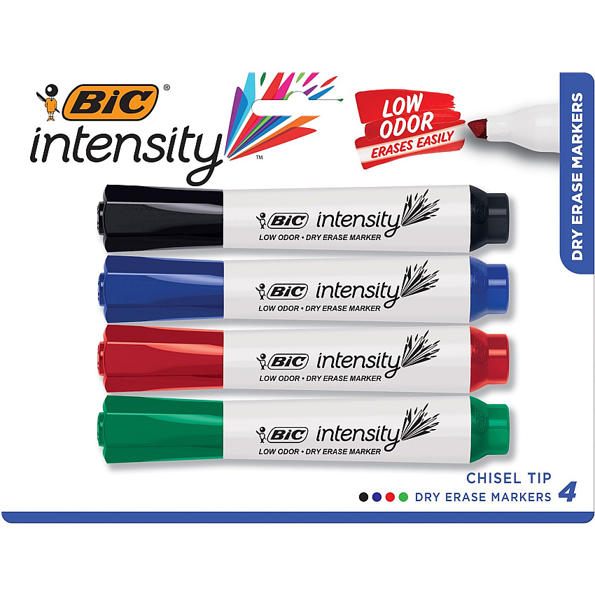 BIC Intensity Low Odor Dry Erase Marker, Tank, Assorted, 4 Pack (BICGDEMP41ASST)