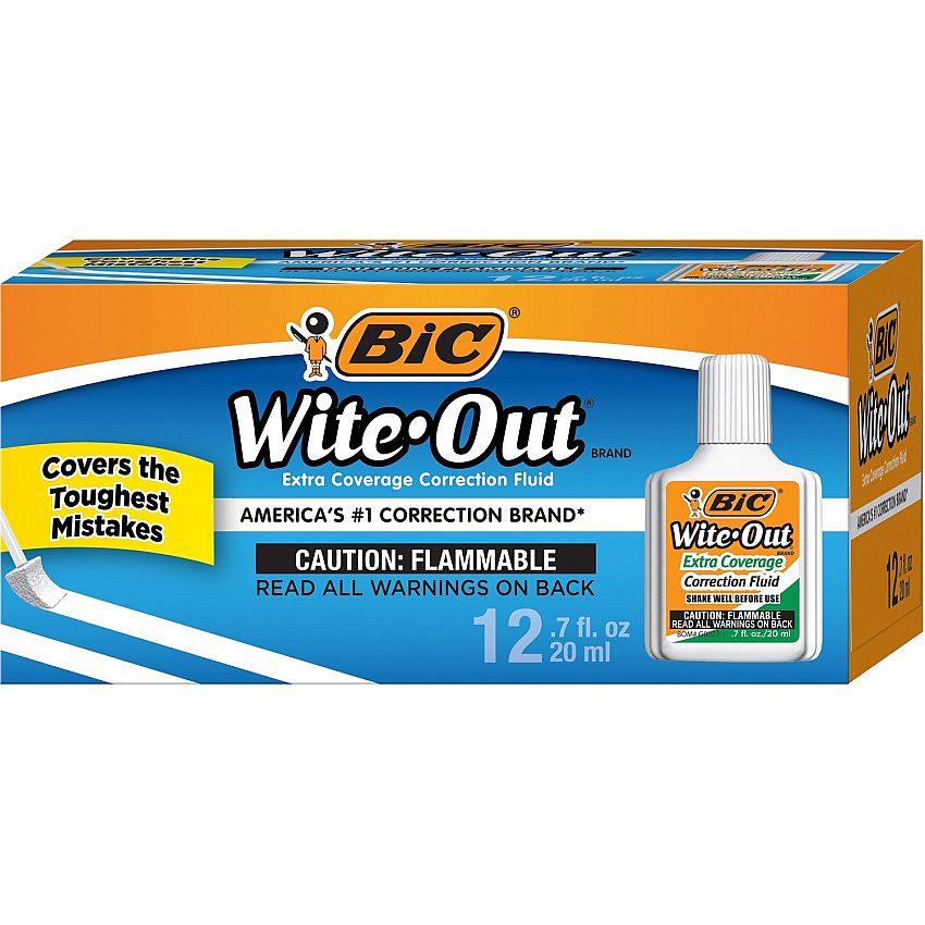 BIC Extra Coverage Correction Fluid, White, 12 Pack (BICWOFEC12WE)