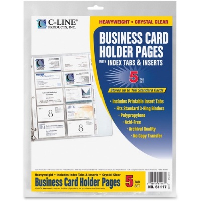 C-Line Business Card Holder Pages with Index Tabs for Ring Binders, Poly (61117)