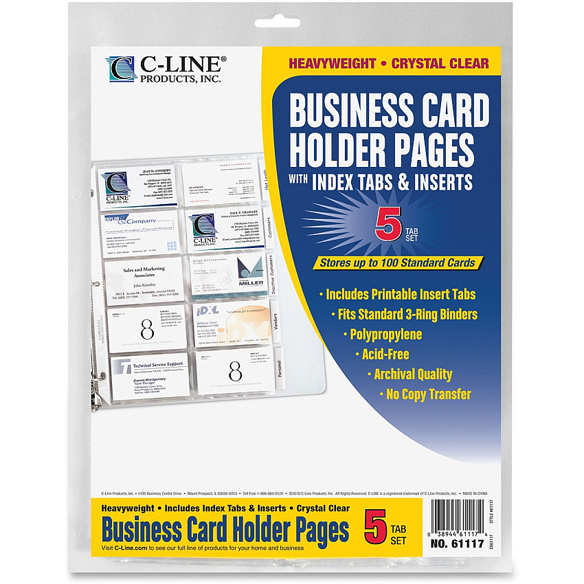C-Line Business Card Holder Pages with Index Tabs for Ring Binders, Poly (CLI61117)
