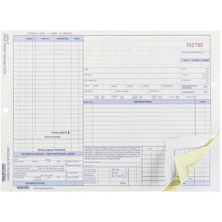 Rediform 3-part Auto Repair Order Forms (RED4P487)