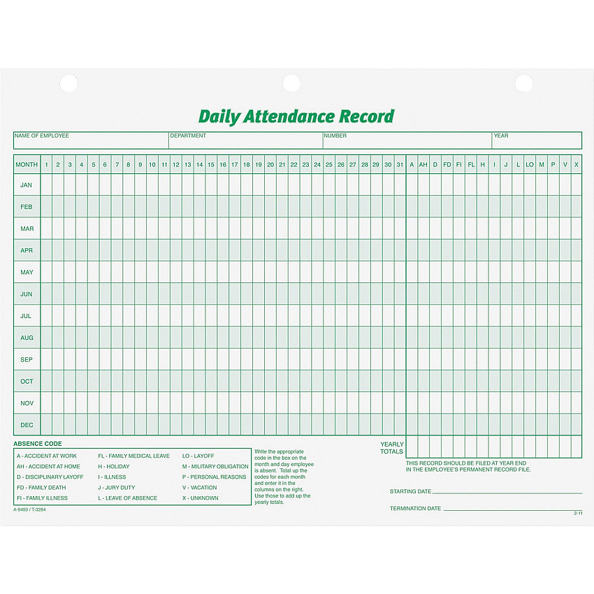 TOPS Daily Employee Attendance Record Form (TOP3284)