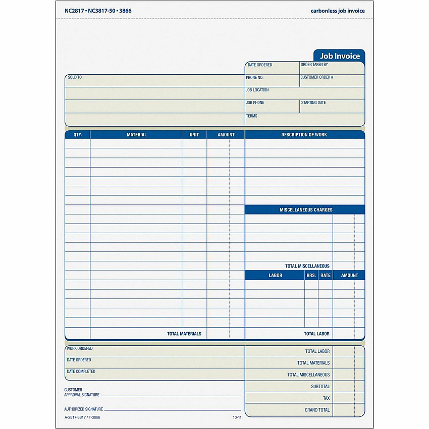 TOPS Three-part Carbonless Job Invoice Forms (TOP3866)