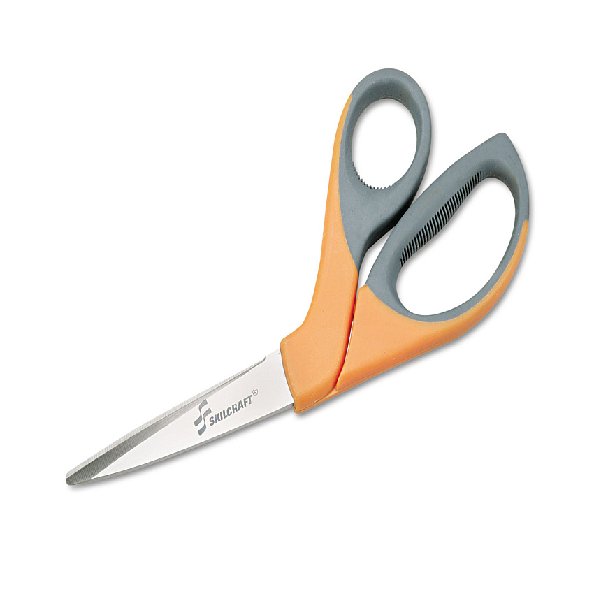 AbilityOne 5110012414371 SKILCRAFT Scissors, 8.25" Long, 3.63" Cut Length, Crane-Style Orange/Gray Handle