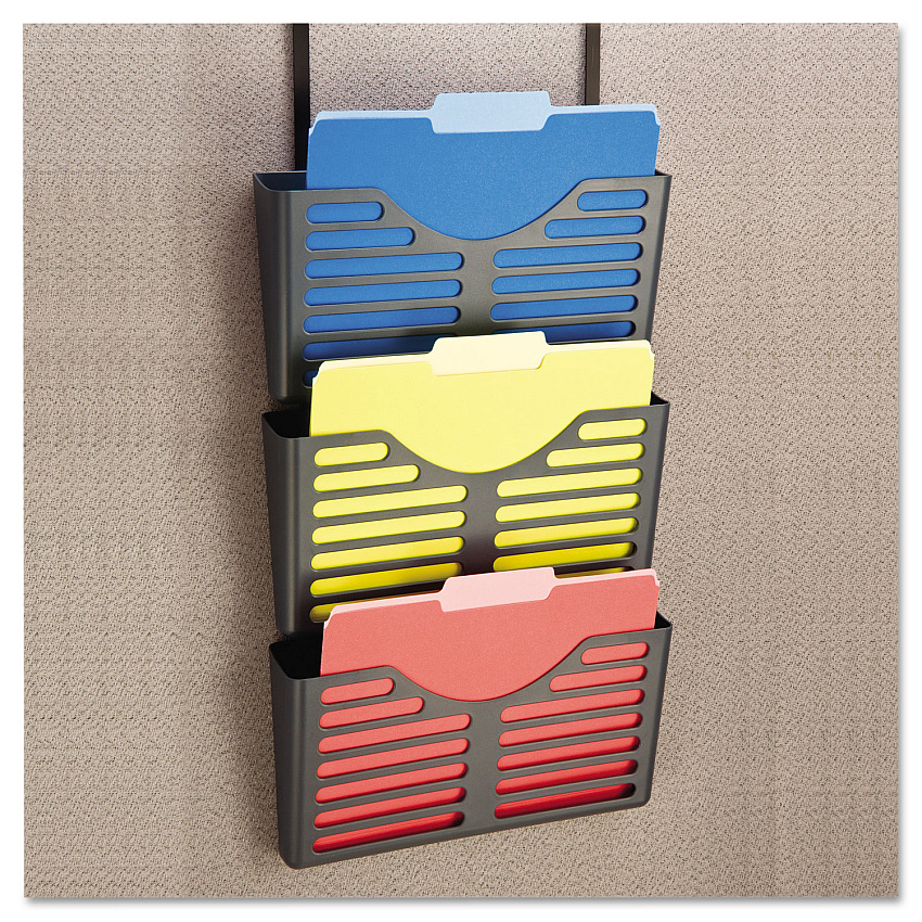 Universal Recycled Plastic Cubicle Triple File Pocket, Cubicle Pins Mount, 13.5 x 4.75 x 28, Charcoal (UNV08163)