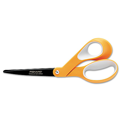 Fiskars Premier Non-Stick Titanium Softgrip Scissors, 8" Long, 3.1" Cut Length, Offset Orange/Gray Handle (FSK1539001006)
