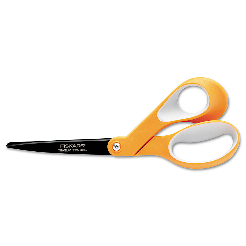 Fiskars Premier Non-Stick Titanium Softgrip Scissors, 8" Long, 3.1" Cut Length, Offset Orange/Gray Handle (FSK1539001006)