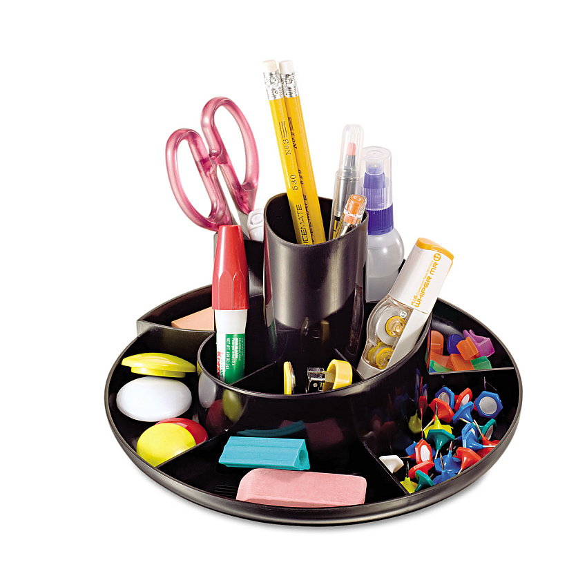 Universal Rotary Desk Organizer, 11 Compartments, Plastic, 8.75" Diameter x 5.38"h, Black (UNV08151)