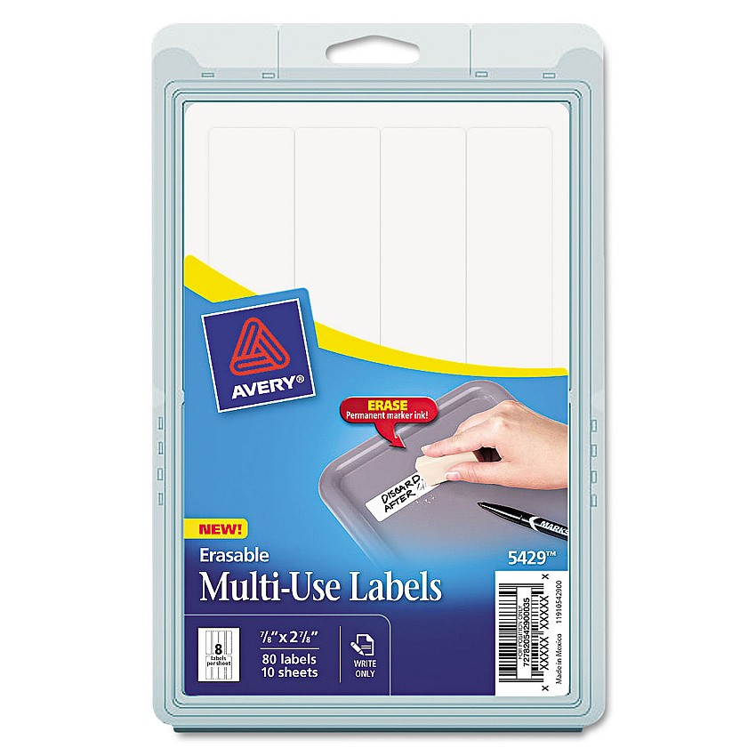 Avery Erasable ID Labels, Inkjet/Laser Printers, 0.88 x 2.88, White, 8/Sheet, 10 Sheets/Pack (AVE5429)