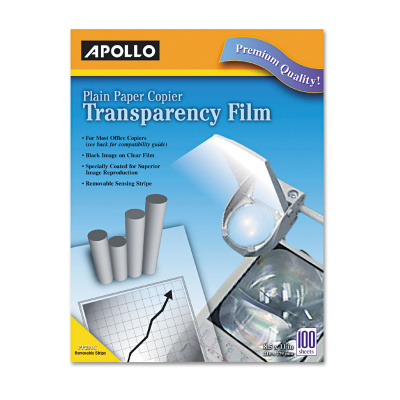 Apollo Plain Paper Laser Transparency Film with Handling Strip, 8.5 x 11, Black on Clear, 100/Box (APOPP201C)