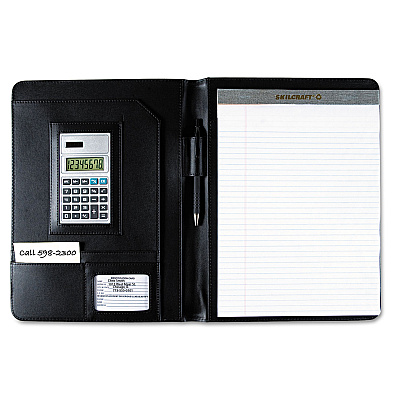 AbilityOne 7510014844563, SKILCRAFT Black Leather Look Portfolio, Solar Calculator/Writing Pad/Pen