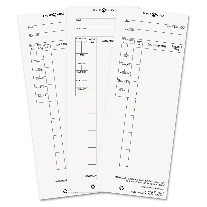 Time Clock Cards for Pyramid Technologies 4000, One Side, 3.5 x 8.5, 100/Pack (PTI4410010)
