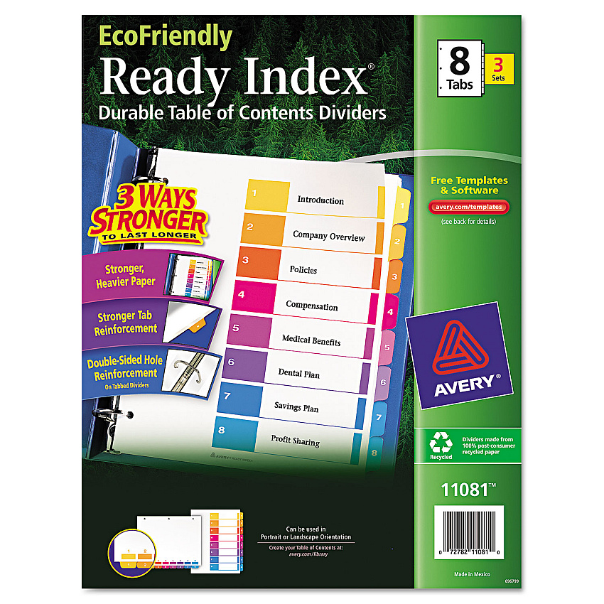 Avery Customizable Table of Contents Ready Index Dividers with Multicolor Tabs, 8-Tab, 1 to 8, 11 x 8.5, White, 3 Sets (AVE11081)