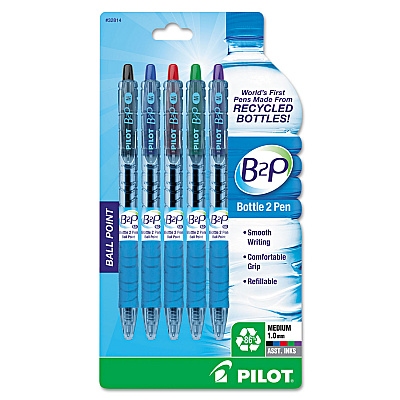 Pilot B2P Bottle-2-Pen Recycled Ballpoint Pen, Retractable, Medium 1 mm, Assorted Ink Colors, Translucent Blue Barrel, 5/Pack (PIL32814)