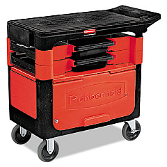 Rubbermaid Commercial Trades Cart with Locking Storage Area, Plastic, 2 Shelves, 2 Drawers, 330 lb Capacity, 19.25" x 38" x 33.38", Black (RCP618088BLA)