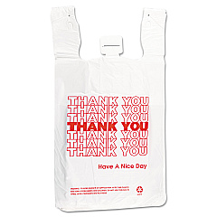 Inteplast Group HDPE T-Shirt Bags, Thank You - Have a Nice Day Labeling, Cut-Out Handles, 12" x 7" x 23", White/Red, 500/Carton (IBSTHW2VAL)