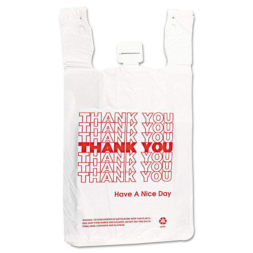 Inteplast Group HDPE T-Shirt Bags, Thank You - Have a Nice Day Labeling, Cut-Out Handles, 12" x 7" x 23", White/Red, 500/Carton (IBSTHW2VAL)