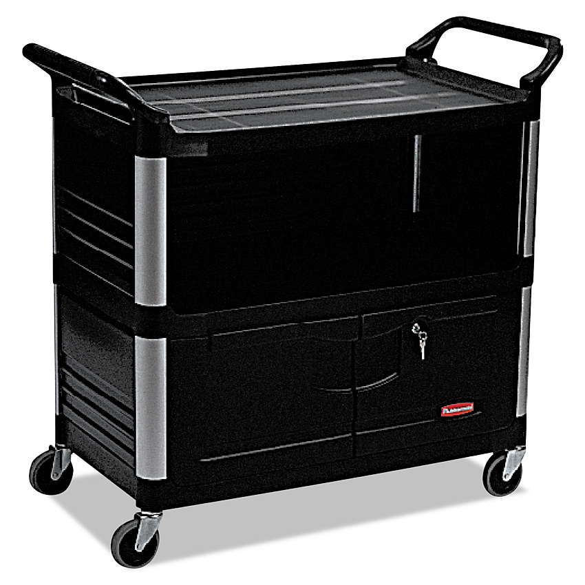Rubbermaid Commercial Xtra Equipment Cart, Plastic, 3 Shelves, 300 lb Capacity, 20.75" x 40.63" x 37.8", Black (RCP4095BLA)