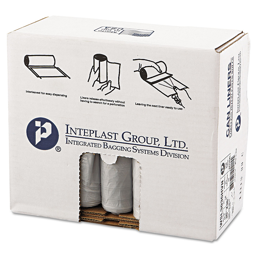 Inteplast Group Low-Density Commercial Can Liners, 30 gal, 0.58 mil, 30" x 36", Clear, Interleaved Roll, 25 Bags/Roll, 10 Rolls/Carton (IBSSL3036HVN)