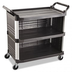 Rubbermaid Commercial Xtra Utility Cart with Enclosed Sides and Back, Plastic, 3 Shelves, 300 lb Capacity, 20" x 40.63" x 37.8", Black (4093BLA)