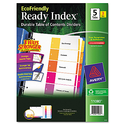 Avery Customizable Table of Contents Ready Index Dividers with Multicolor Tabs, 5-Tab, 1 to 5, 11 x 8.5, White, 3 Sets (AVE11080)
