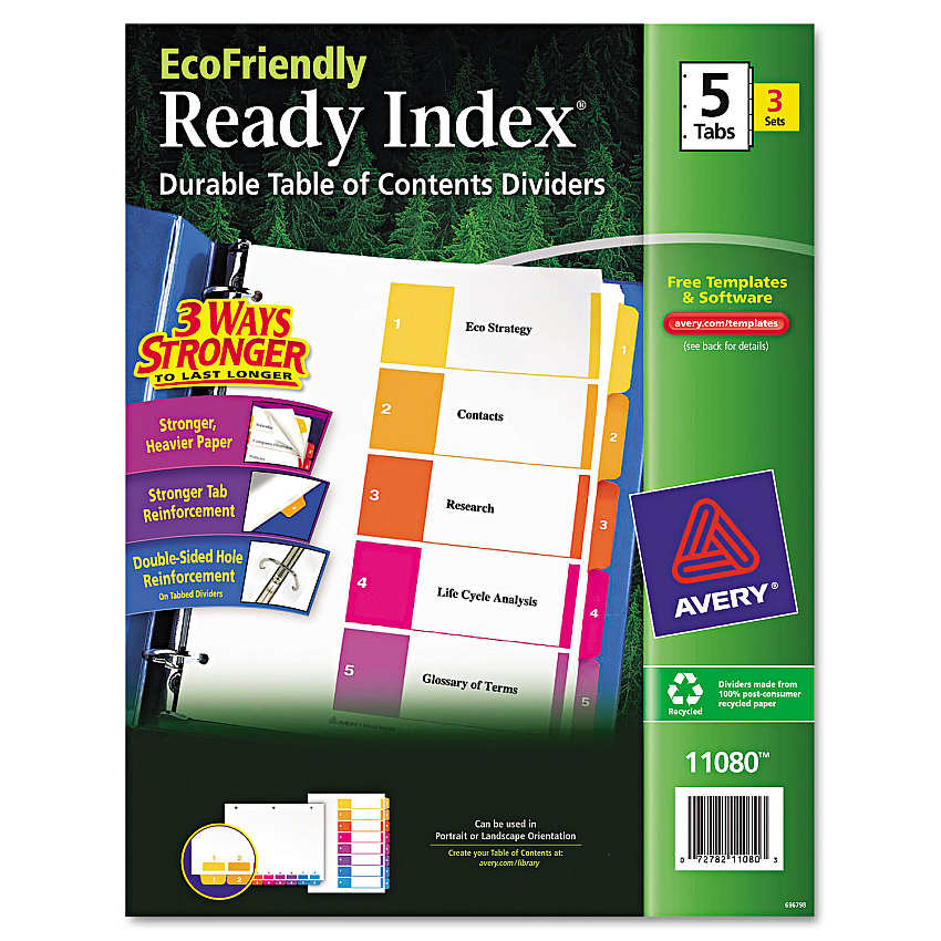 Avery Customizable Table of Contents Ready Index Dividers with Multicolor Tabs, 5-Tab, 1 to 5, 11 x 8.5, White, 3 Sets (AVE11080)