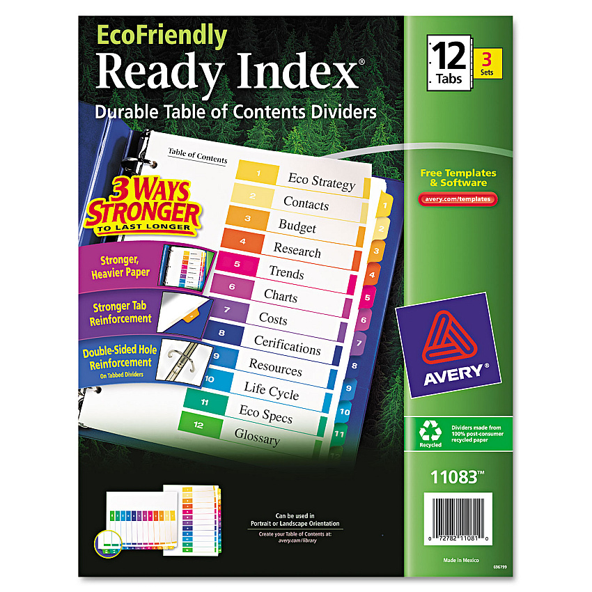 Avery Customizable Table of Contents Ready Index Dividers with Multicolor Tabs, 12-Tab, 1 to 12, 11 x 8.5, White, 3 Sets (AVE11083)