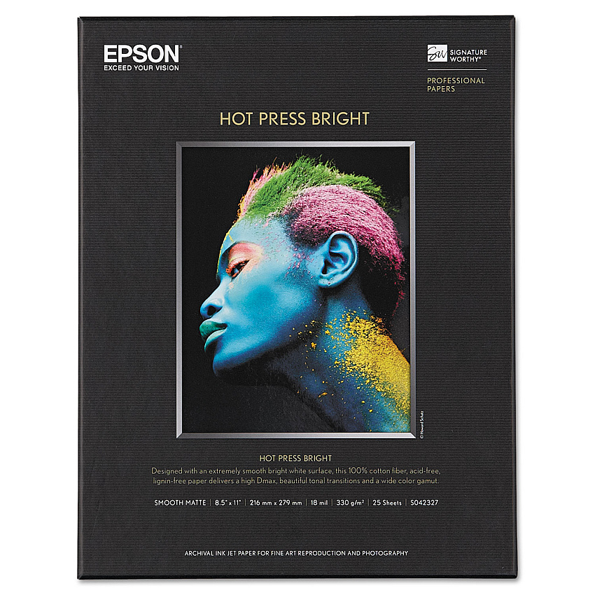 Epson Hot Press Bright Fine Art Paper, 17 mil, 8.5 x 11, Smooth Matte White, 25/Pack (EPSS042327)
