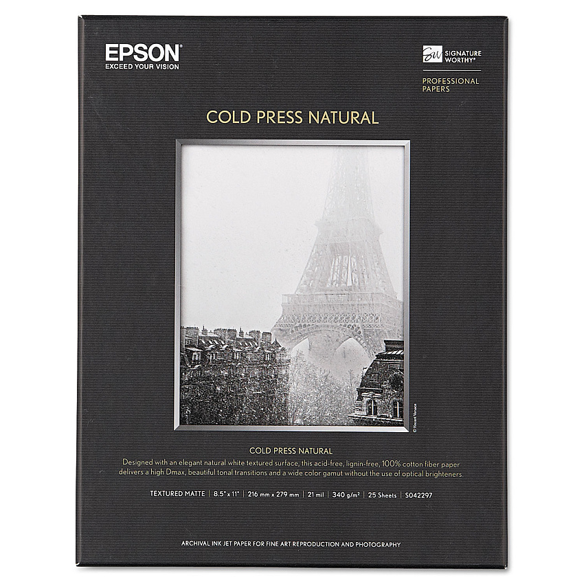 Epson Cold Press Fine Art Paper, 19 mil, 8.5 x 11, Textured Matte Natural, 25/Pack (EPSS042297)