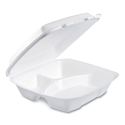 Dart Foam Hinged Lid Container, Performer Perforated Lid, 3-Compartment, 9 x 9.4 x 3, White, 100/Bag, 2 Bag/Carton (DCC90HTPF3R)
