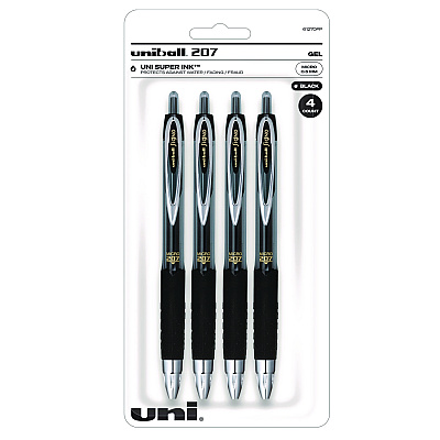 uniball Signo 207 Gel Pen, Retractable, Fine 0.5 mm, Black Ink, Smoke/Black Barrel, 4/Pack (UBC61270)