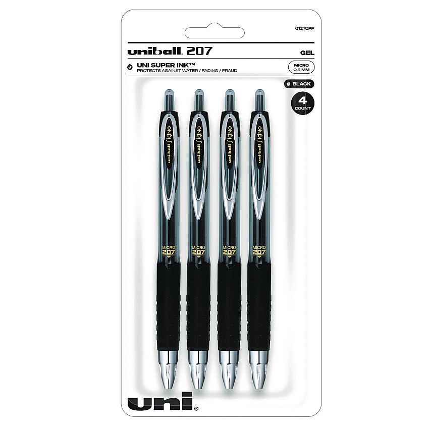 uniball Signo 207 Gel Pen, Retractable, Fine 0.5 mm, Black Ink, Smoke/Black Barrel, 4/Pack (UBC61270)