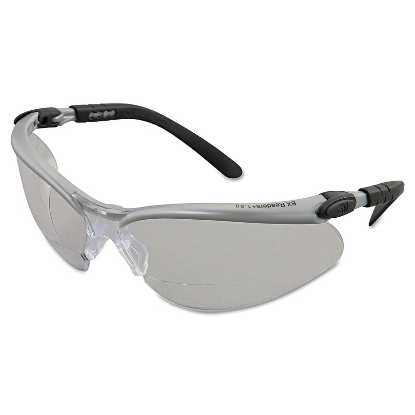 3M BX Molded-In Diopter Safety Glasses, 1.5+ Diopter Strength, Silver/Black Frame, Clear Lens, 20/Box (MMM113740000020)