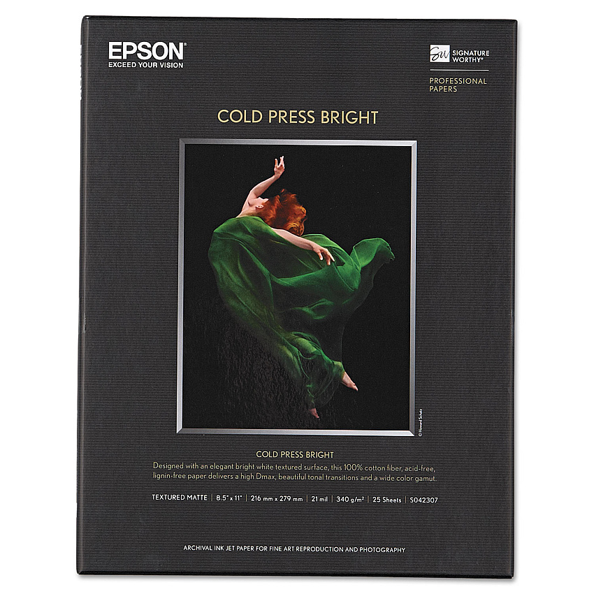 Epson Cold Press Bright Fine Art Paper, 21mil, 8.5 x 11, Textured Matte White, 25/Pack (S042307)