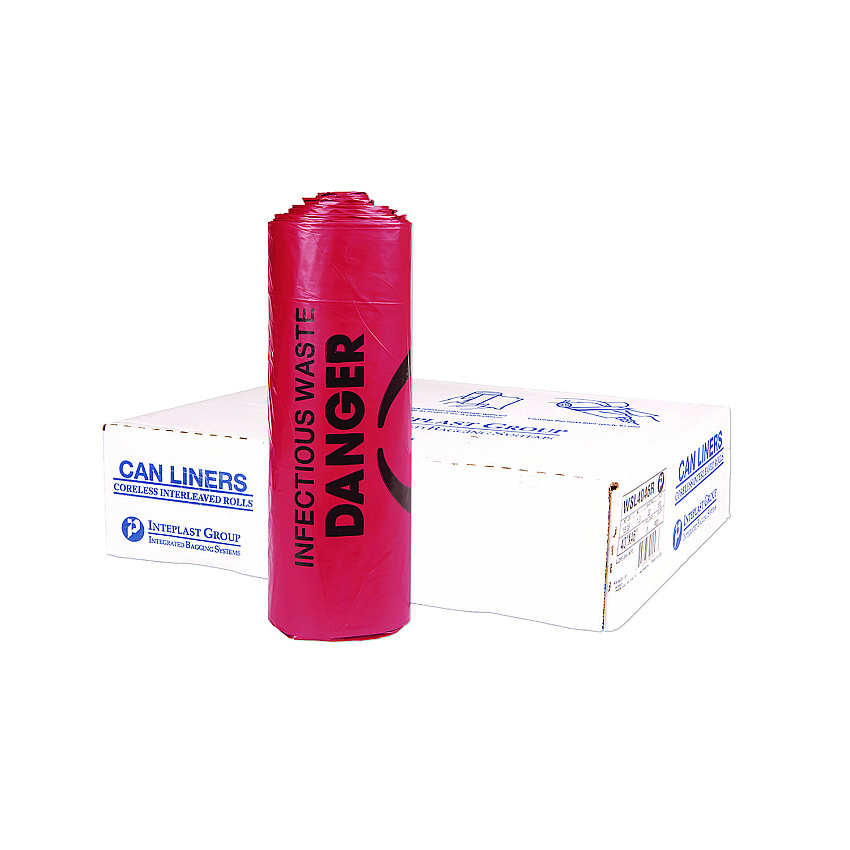 Inteplast Group Institutional Low-Density Can Liners, Infectious Waste Biohazard, 33 gal, 1.3 mil, 33 x 39, Red, Interleaved, 25/RL, 6 RL/CT (IBSSL3339R)