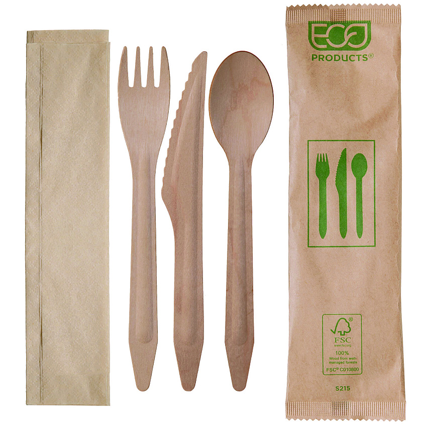 Eco-Products Wood Cutlery, Fork/Knife/Spoon/Napkin, Natural, 500/Carton (ECOEPS215)