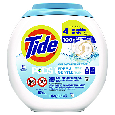 Tide PODS Laundry Detergent, Free and Gentle, 63 oz Tub, 76 Pacs/Tub (PGC09488EA)