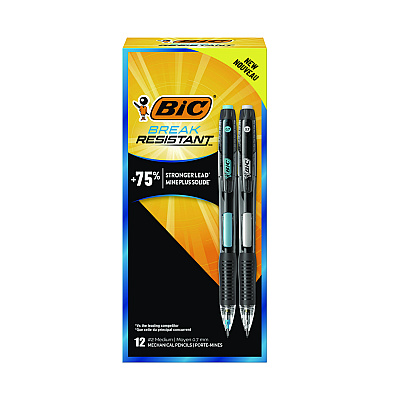 BIC Break-Resistant Mechanical Pencils with Erasers, 0.7 mm, HB (#2), Black Lead, Assorted Barrel Colors, 12/Pack (BICMV7PR11BLK)