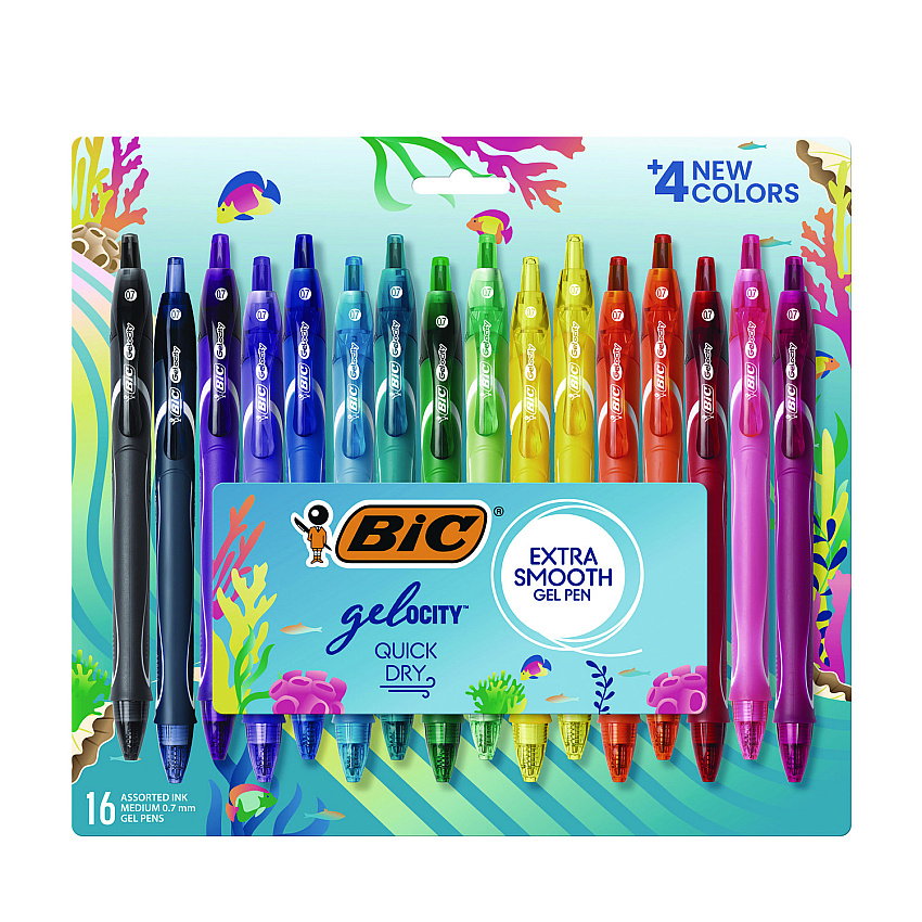 BIC Gel-ocity Quick Dry Gel Pen, Retractable, Medium 0.7 mm, 16 Assorted Ink and Barrel Colors, 16/Pack (BICRGLCGA16AST)
