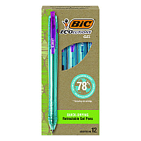 BIC Ecolutions Gel Pen, Retractable, Medium 1 mm, Assorted Ink, Blue Barrel, 12/Pack (BICRGLE11AST)