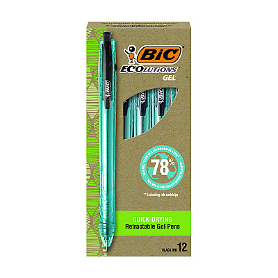 BIC Ecolutions Gel Pen, Retractable, Medium 1 mm, Black Ink, Blue Barrel, 12/Pack (BICRGLE11BLK)